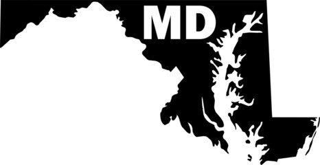 Black and White Silhouette Map of the US Federal State of Maryland with it's Postal Code Abbreviation