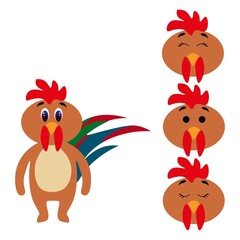 Cute torso of a rooster with extra heads isolated on white background. Emotions of a bird. Lovely pets. Stock vector illustration for books and magazines, clothes, fabrics, postcards, internet.