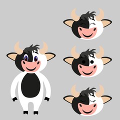 Cute torso of a cow with extra heads isolated on white background. Animal emotions. Lovely pets. Stock vector illustration for books and magazines, clothes, fabrics, postcards, internet.