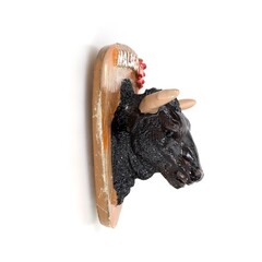 Magnetic souvenir from Malaga (Spain) isolated on white background. Head of a bull
