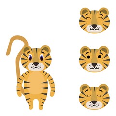 Fototapeta na wymiar Cute tiger torso with extra heads isolated on white background. Animal emotions. Cute wild animals of africa. Stock vector illustration for books and magazines, clothes, fabrics, postcards, internet.