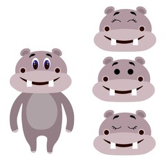 Cute torso of a hippopotamus with extra heads isolated on white background. Animal emotions. Cute wild animals of africa. Stock vector illustration for books and magazines, clothes, fabrics, postcards