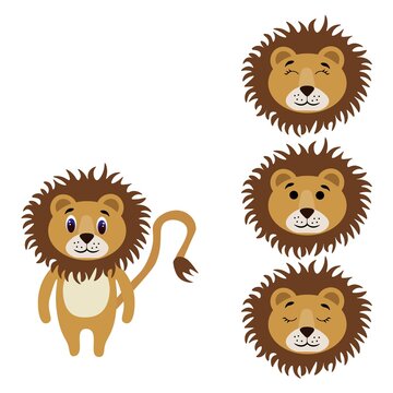 Cute lion torso with extra heads isolated on white background. Animal emotions. Cute wild animals of africa. Stock vector illustration for books and magazines, clothes, fabrics, postcards, internet.