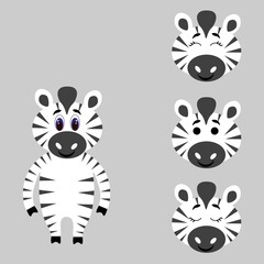 Cute torso of a zebra with extra heads isolated on white background. Animal emotions. Cute wild animals of africa. Stock vector illustration for books and magazines, clothes, fabrics, postcards