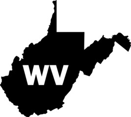 Black and White Silhouette Map of the US Federal State of West Virginia with it's Postal Code Abbreviation - obrazy, fototapety, plakaty