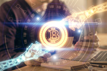 Obraz premium Double exposure of man's hands holding and using a phone and crypto currency blockchain theme drawing.