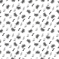 Seamless pattern with cute wolf heads and melody notes on a white background. Wild forest animals. Stock vector illustration for fabrics, bedding and baby linen, wrapping paper, wallpaper and other