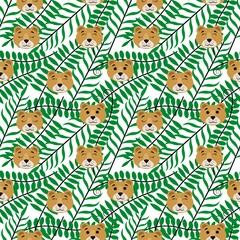 Naklejka premium Seamless pattern with heads of cute lionesses and green leaves on a white background. Stock vector illustration for fabrics, bedding and baby linen, wrapping paper, wallpaper and other decor and desig