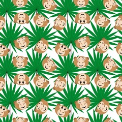 Seamless pattern with cute monkey heads and cannabis leaves on a white background. Stock vector illustration for fabrics, bedding and baby linen, wrapping paper, wallpaper and other decor and design