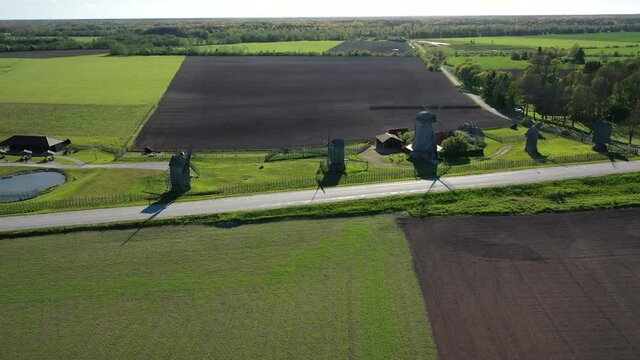 Beautiful panoramic aerial 4K video from flying drone to summer fields and Angla windmills in Leisi Parish. Saarema Island, Estonia. (series)