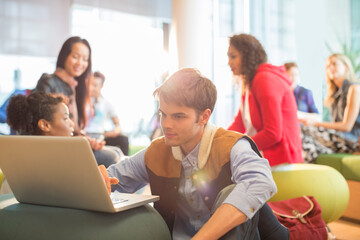 University student using laptop in lounge