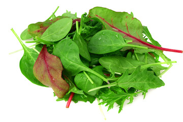 Mix of different salads isolated on white background.