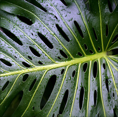 Fototapeta na wymiar Water droplets on Swiss cheese plant leaf