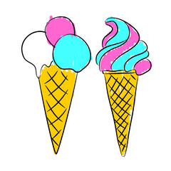 Waffle cone ice cream, ice cream balls. Vector sketch doodle