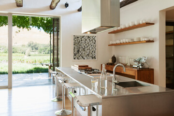 Modern kitchen overlooking patio and vineyard