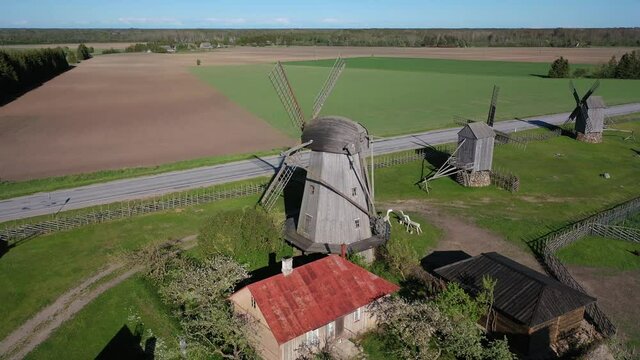 Beautiful panoramic aerial 4K video from flying drone to summer fields and Angla windmills in Leisi Parish. Saarema Island, Estonia. (series)