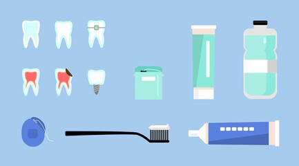 Stomatology set. Dental theme, vector illustration. Toothpaste, floss, rinse. Crowns, dental implants, dentures, orthodontics, decayed teeth, pin. Tooth structure. Icons on the theme of dentistry.