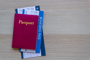 Passport and flight ticket airline travel concept