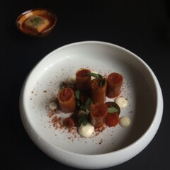 Tomato pasta. Modern cuisine. Experimental food.