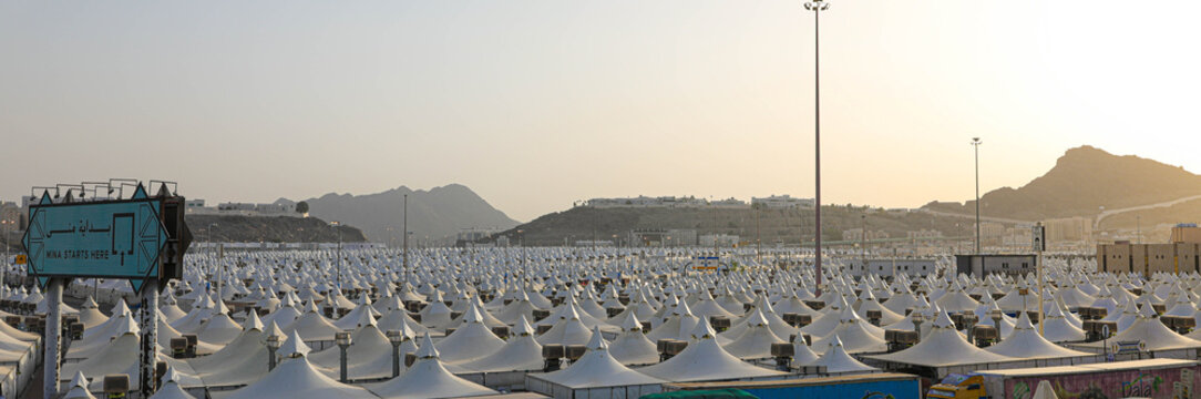 Makkah, Saudi Arabia : Landscape of Mina, City of Tents, the area for hajj pilgrims to camp during jamrah 'stoning of the devil' ritual