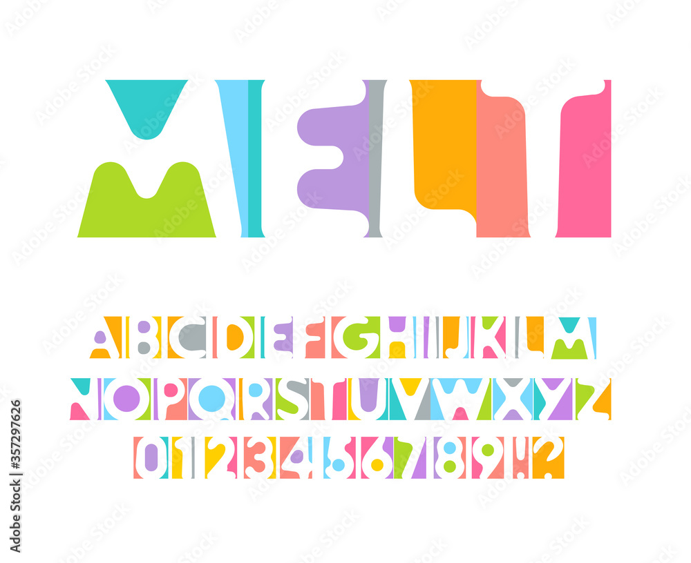 Poster colorful letters and numbers set. colored vector latin alphabet. rainbow color font. color paper app
