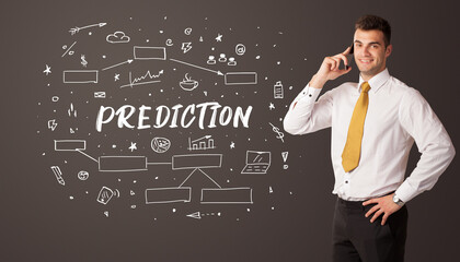 Businessman thinking with PREDICTION inscription, business education concept