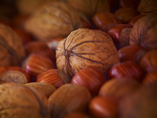 Extreme close up of walnuts, hazelnuts and pecans in shells