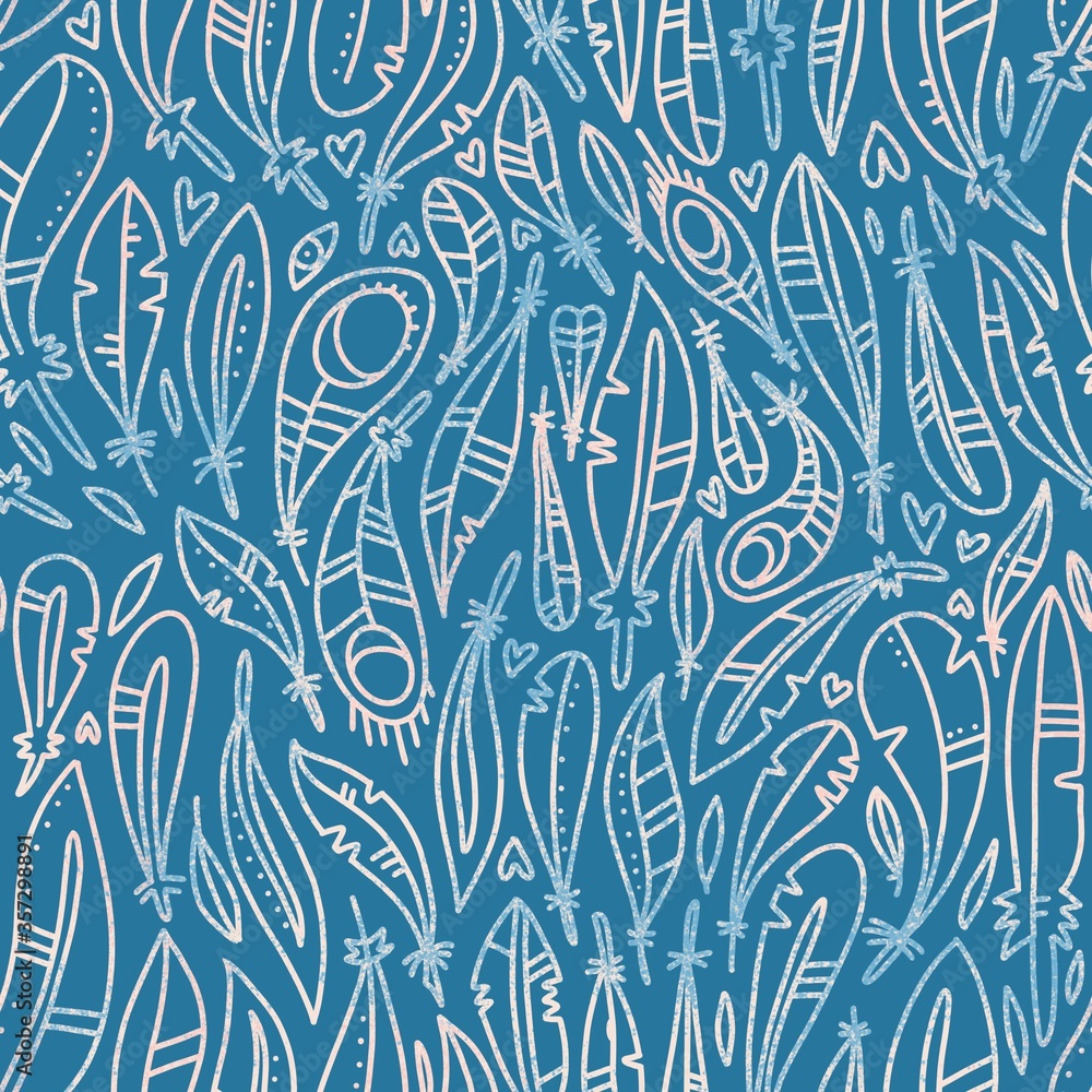 Poster seamless pattern with feathers in linear doodle style with hand drawn textures