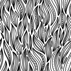 Abstract vector seamless floral background of doodle hand drawn lines. Monochrome wave pattern. Coloring book page. Black and white wallpaper. Vector design.