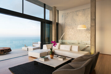 Modern living room overlooking ocean