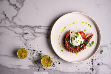 Close-up of grilled octopus dish plate served with greens and tomato salad on white plate in soft-focus in the background © sutulastock