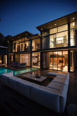 Sectional sofa at poolside of luxury house at night