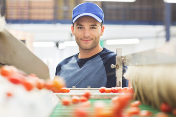 Portrait of worker at conveyor belt in food processing plant - obrazy, fototapety, plakaty
