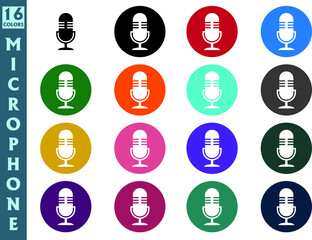 Black and white microphones in various colored circles. icon set. podcast