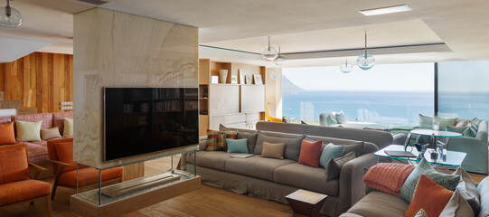 Modern living room with ocean view