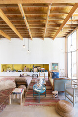 Sofas and coffee tables in rustic living room