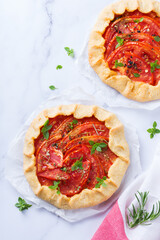 Homemade seasonal savoury summer tomato galette, tart, pie