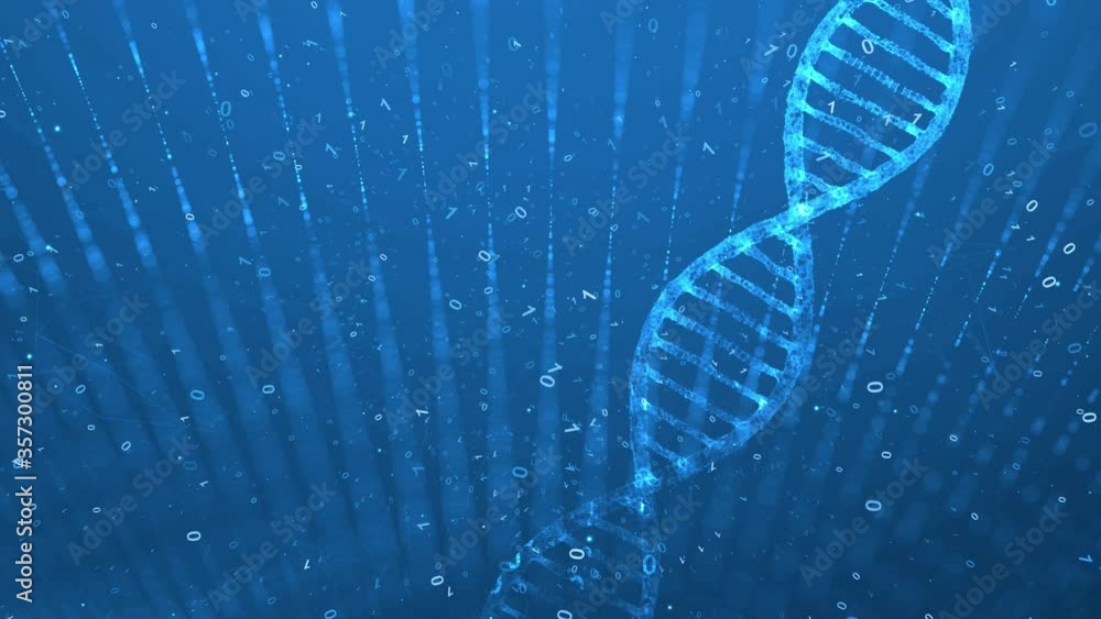 Poster artistic digital rotating dna molecule on futuristic shiny copy space network background.