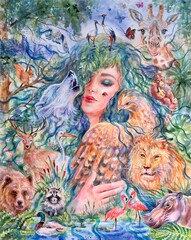 Watercolor world animal day. Concept nature reserve. Global warming.  Wildlife lion, wolf, monkey, deer, hippo, squirrel, flamingo, raccoon, duck, giraffe, stork, eagle, bear, owl, butterfly. 