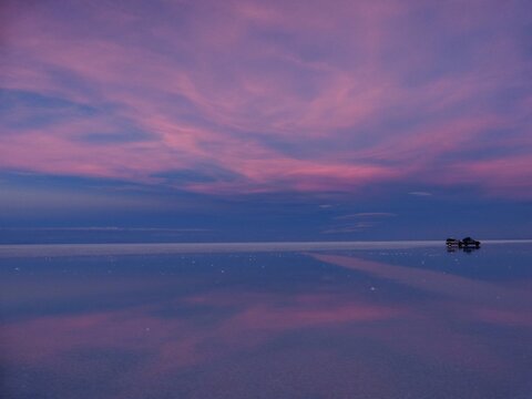 amazing fantactic colours of sunset in Salar de Uyuni, Bolivia
