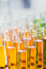 Close up of rack of test tubes with solution