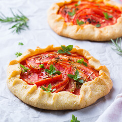 Homemade seasonal savoury summer tomato galette, tart, pie