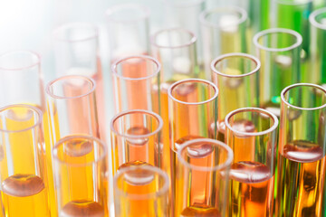 Close up of test tubes filled with solution in lab