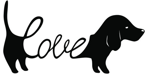 Dachshund illustration with word love inside, dog lover sign isolated black on white, cute print for t-shirts and dog clothes