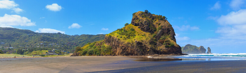 Piha Beach and Lion Rock panorama