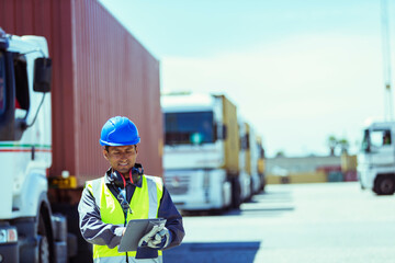 Worker using digital tablet near trucks with cargo containers