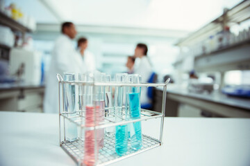 Close up of test tubes in rack in laboratory