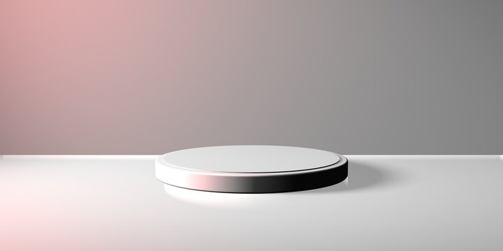 Espositore vuoto circolare grigio e rosso su fondo grigio e rosso, podio o piedistallo per esposizione prodotti, base circolare con sfondo vuoto, Rendering 3D, visione frontale