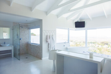 Modern white bathroom interior with large bathtub and shower area