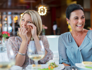Women laughing at table in restaurant